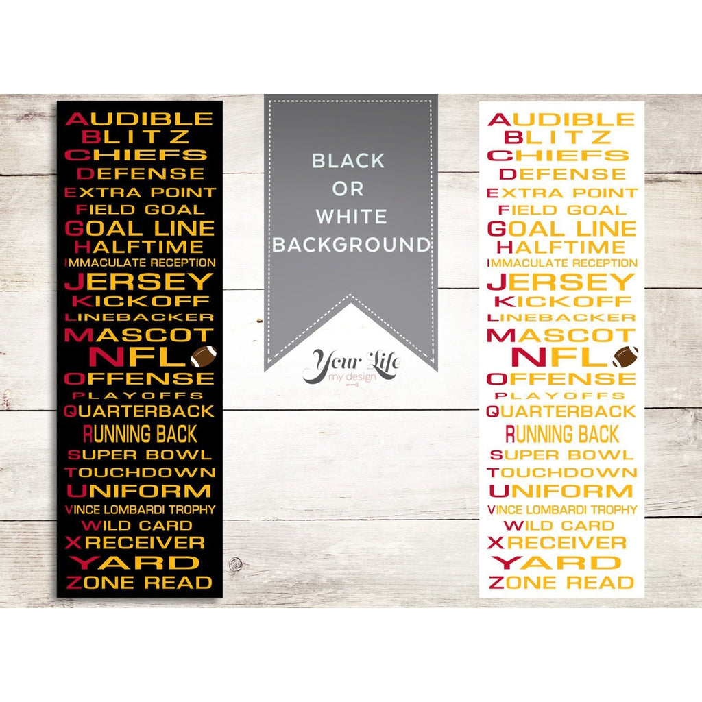 Kansas City Chiefs Sports Decor, Alphabet Football Art, Kids room, Nursery Art, Man Cave Room Decor or Choose Your Own Football Colors