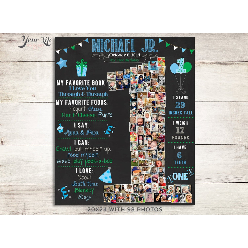 1st Birthday Photo Collage - Balloons Theme Party, Blue & Green