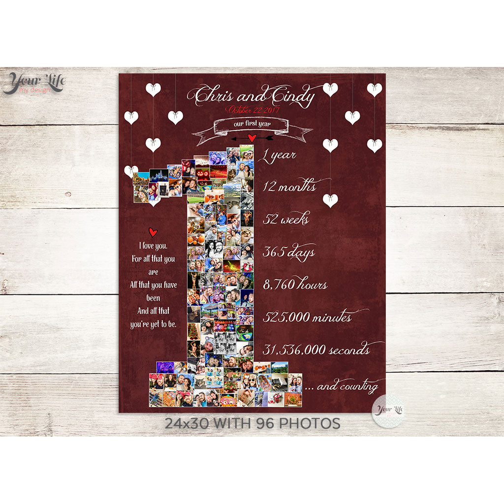 1st Anniversary, Number '1' with 'Hanging Hearts' Photo Collage