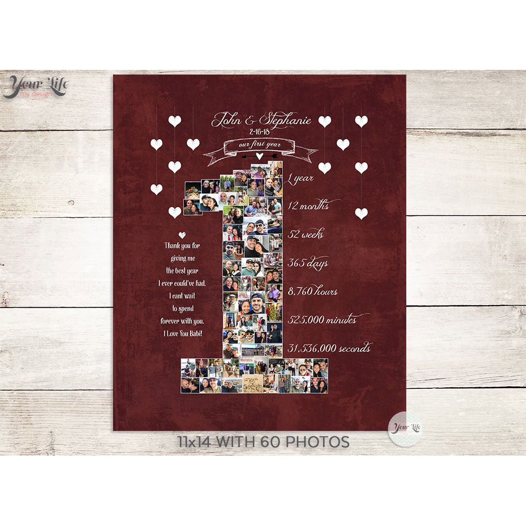 1st Anniversary, Number '1' with 'Hanging Hearts' Photo Collage