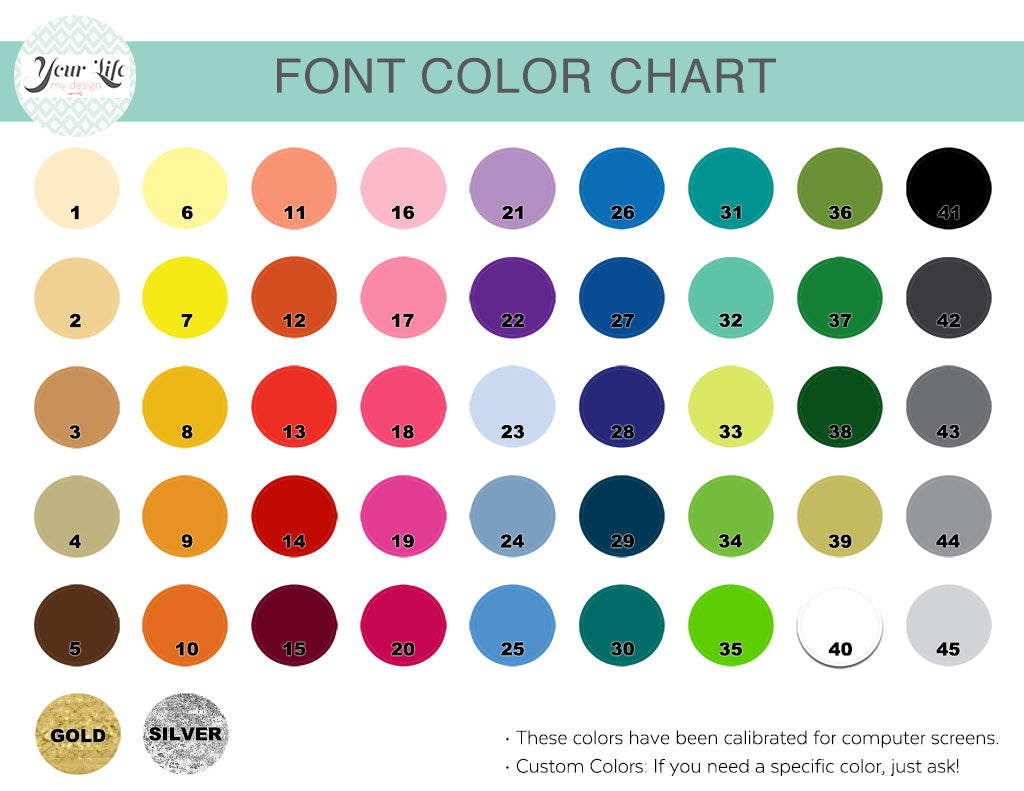 The image is a color chart that displays various font colors, likely used for computer screens. The chart includes a list of font colors and their corresponding numbers, along with a gold, silver, and white color. The colors are arranged in a grid format, with each row representing a different font color and each column representing a different number. The chart provides a visual representation of the different font color options available for computer screens.