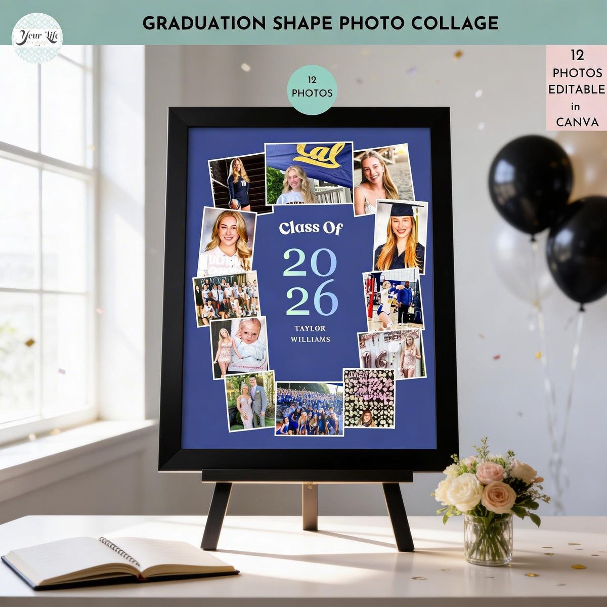 The image is a graduation shape photo collage featuring a framed display with a collage of photos, including images of graduates and a bouquet of flowers.