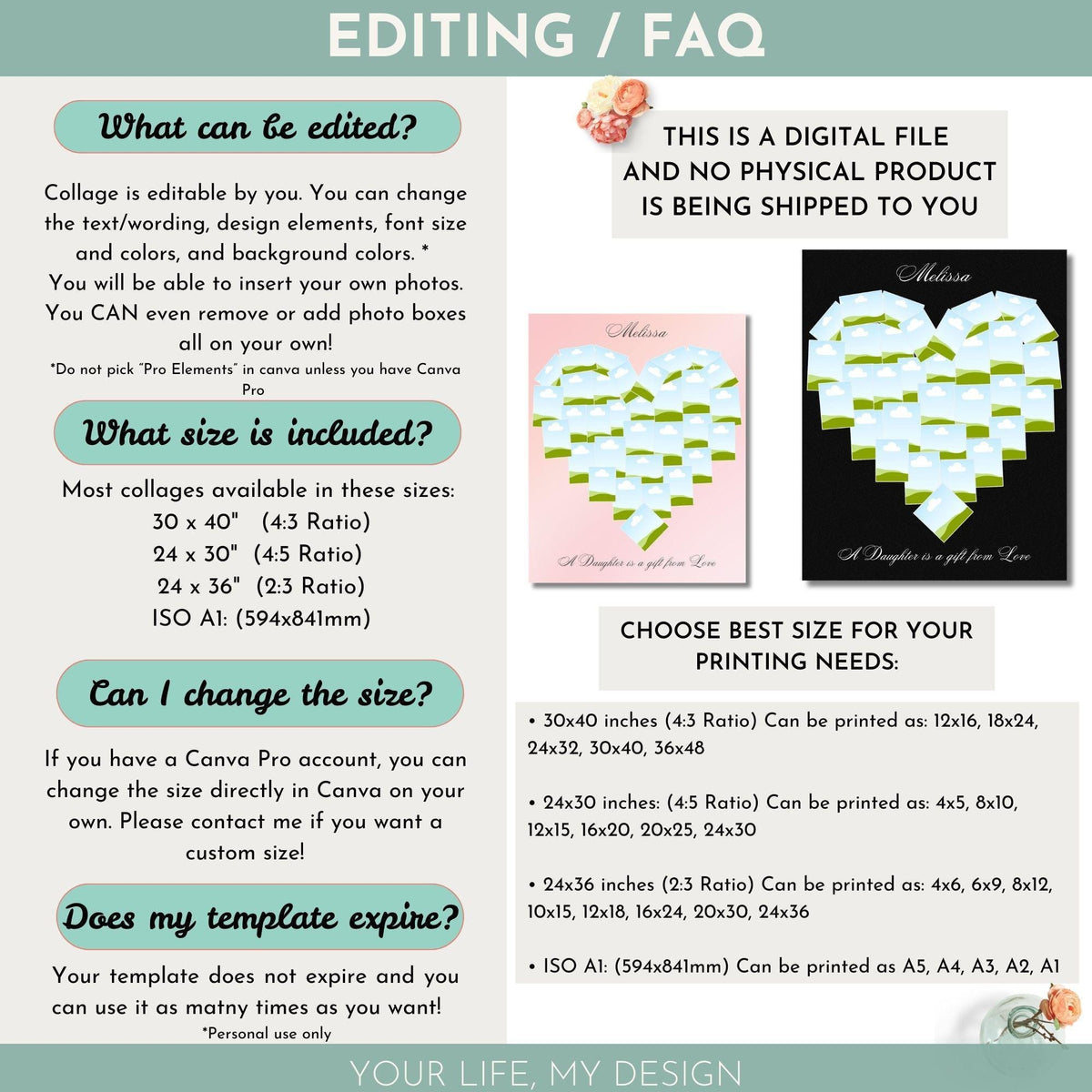 The image is a digital file that can be edited by you. You can change the text, design elements, font size, and colors, and background colors. You can even remove or add photo boxes all on your own.