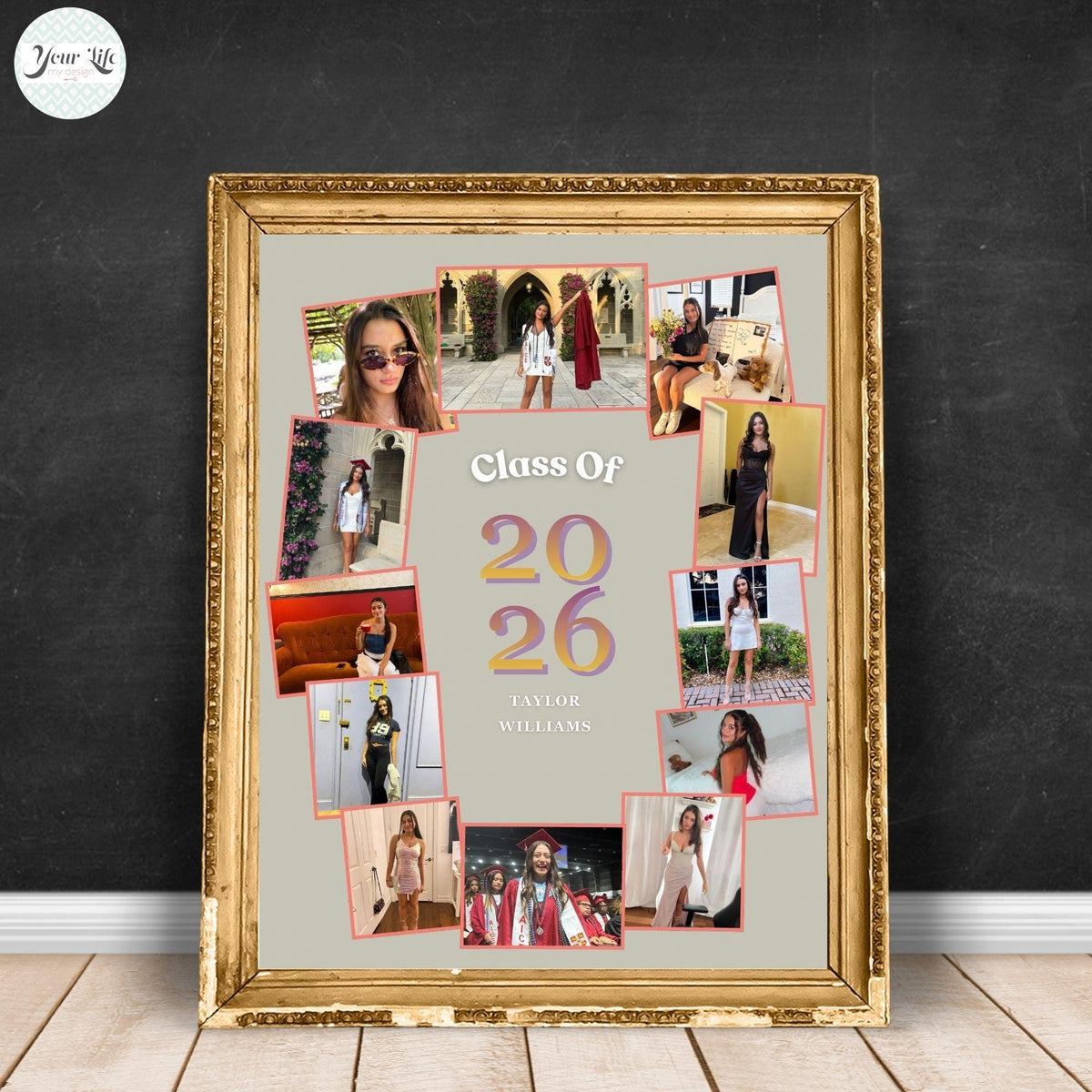 A framed collage of graduation photos, with the text "Class Of 2026 Taylor Williams" displayed prominently.