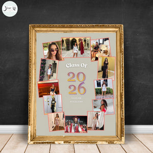 A framed collage of graduation photos, with the text "Class Of 2026 Taylor Williams" displayed prominently.