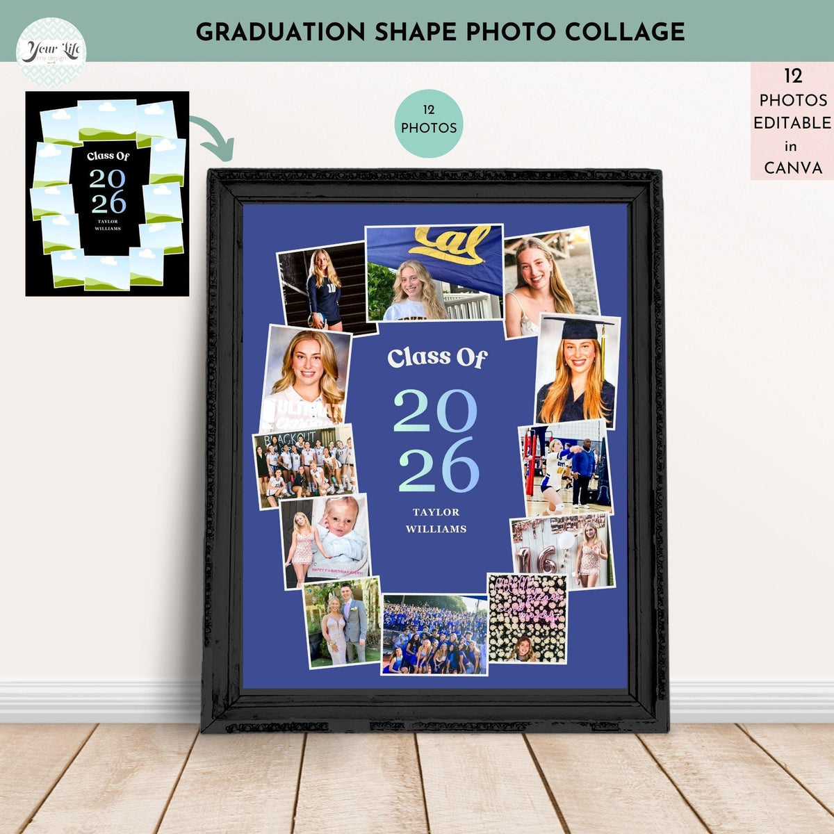 The image is a graduation shape photo collage featuring a black frame with a collage of photos and text.