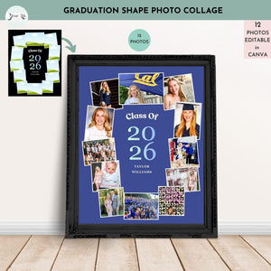 The image is a graduation shape photo collage featuring a black frame with a collage of photos and text.