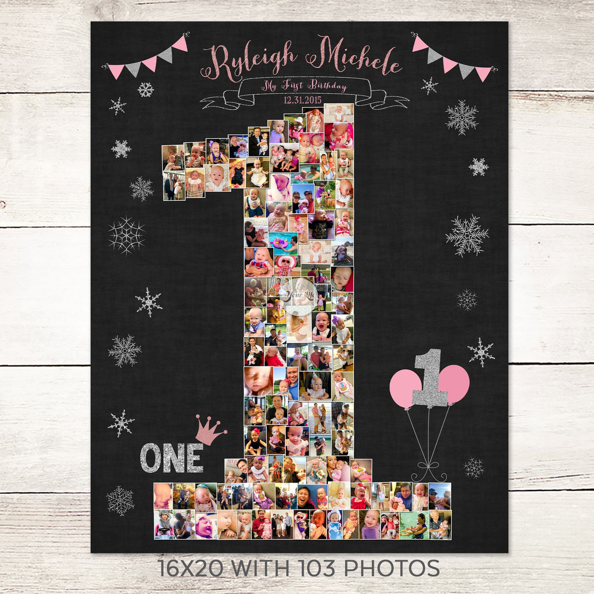 1st Birthday Photo Collage - Winter Onederland Party, Pink &amp; Silver