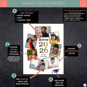 The image is a collage of photos featuring a young girl in a graduation gown, along with other graduation-related images. The collage is titled "Class of 2026" and includes text that provides instructions on how to create a custom graduation photo collage.