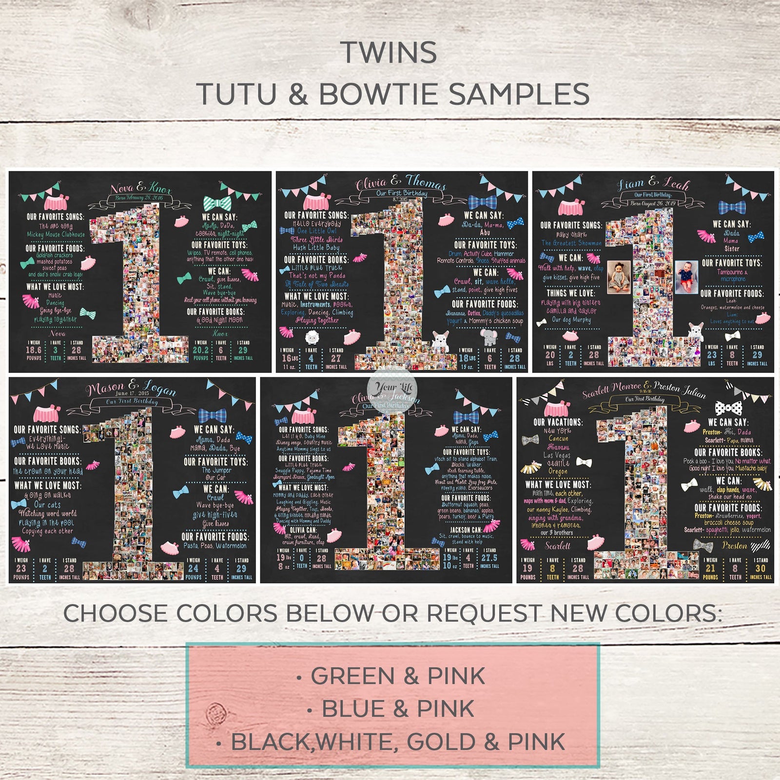 Twins 1st Birthday Photo Collage - Tutus and Bowties, pink and teal