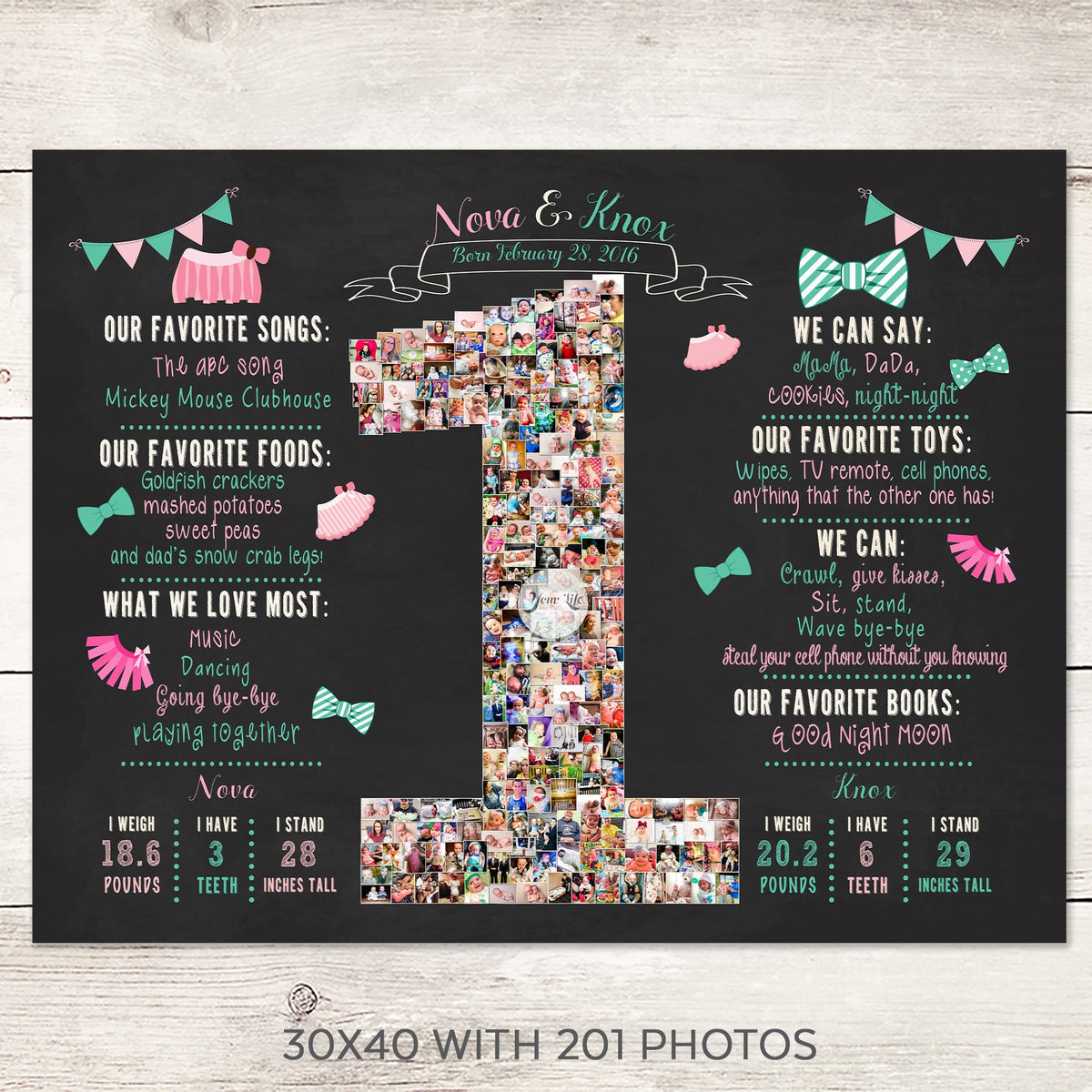 Twins 1st Birthday Photo Collage - Tutus and Bowties, pink and teal