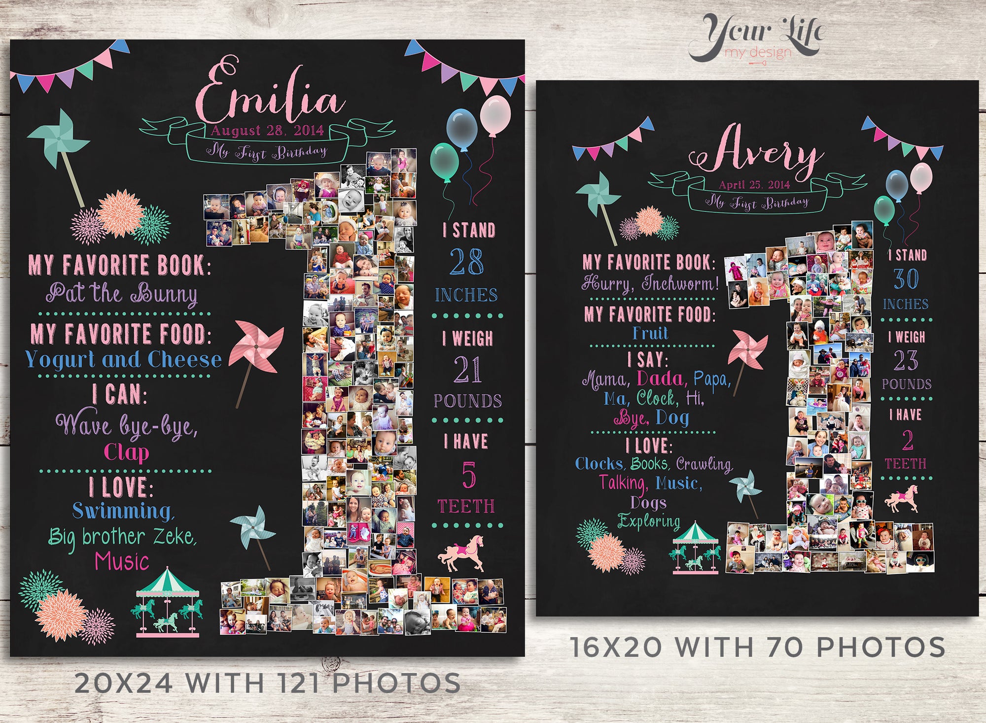 Carousel & Pinwheels 1st Birthday Photo Collage, Pink & Green