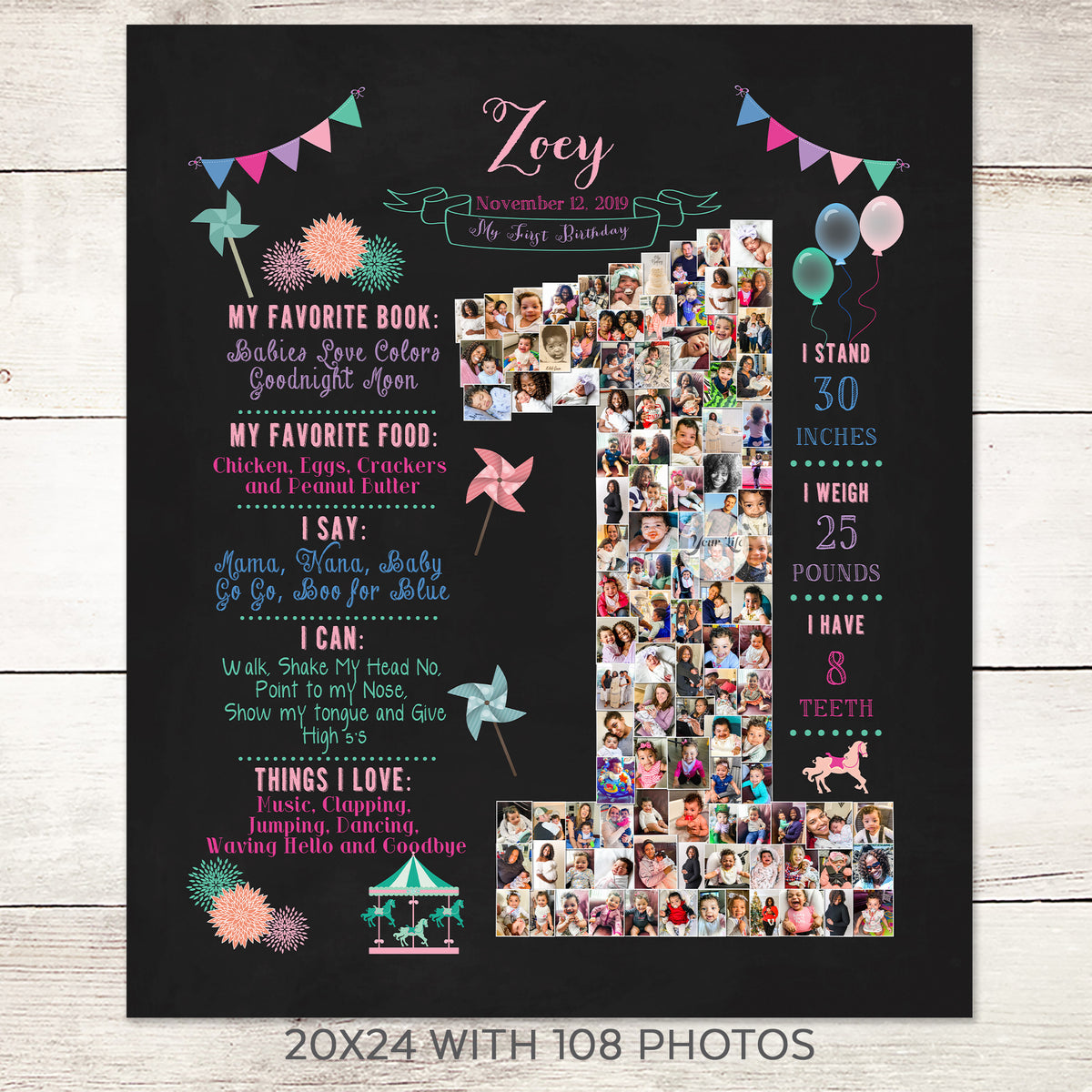 Carousel &amp; Pinwheels 1st Birthday Photo Collage, Pink &amp; Green