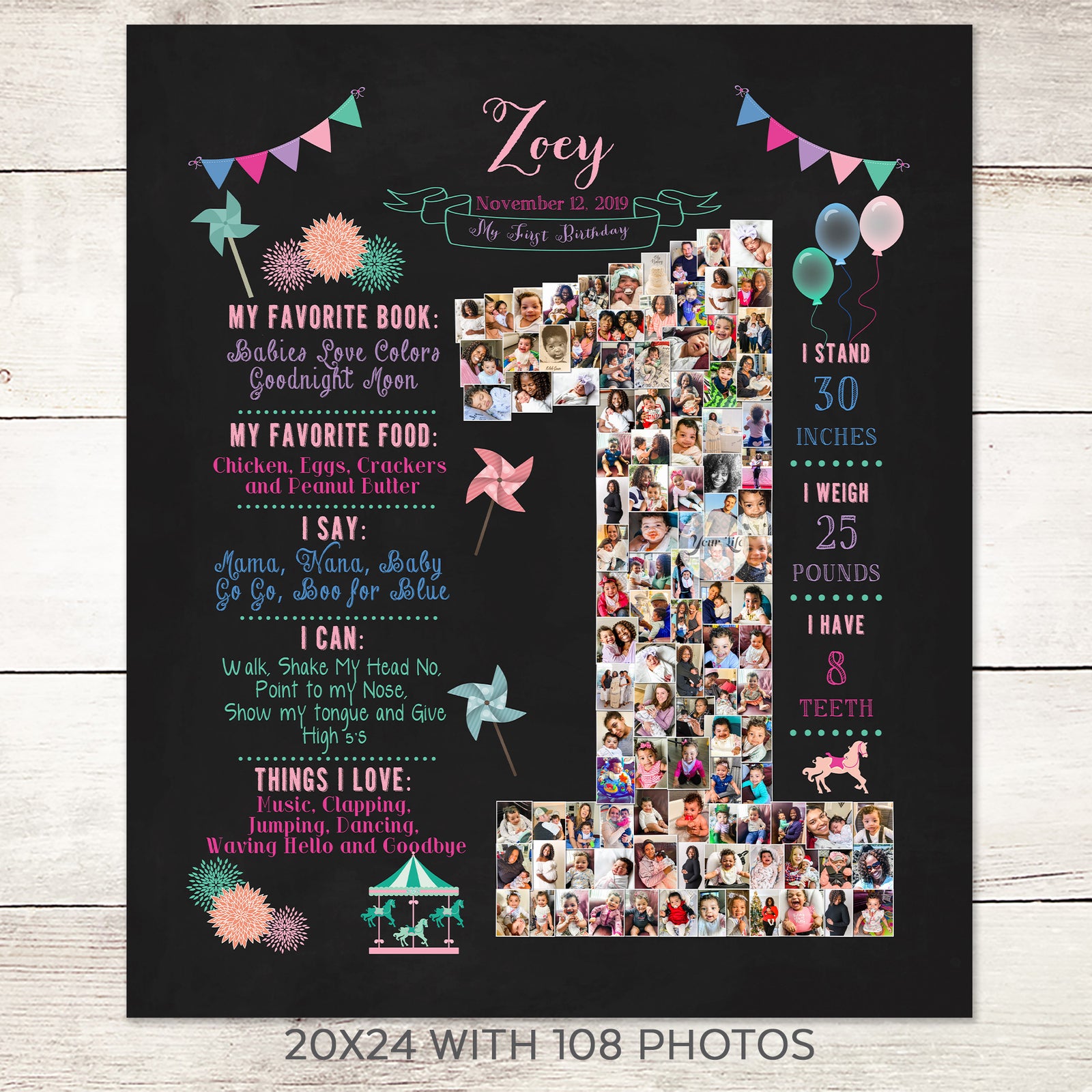 1st Birthday Photo Collage - Carousel & Pinwheels Party, Pink & Green