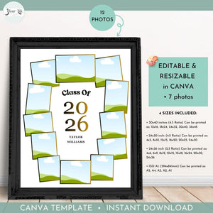 The image is a graduation picture frame with a collage of images, including a graduation cap and gown, a landscape, and a cloud. The frame is labeled "Class of 2026 Taylor Williams" and includes a list of sizes and printing options. The image is a collage of multiple images, and the frame is described as editable and resizable in Canva.