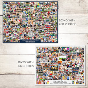 a collage of various photographs, including people, animals, and landscapes, arranged in a visually appealing manner. The collage is divided into two sections: a larger collage with 16x20 photos and a smaller collage with 16x60 photos. The smaller collage includes a message that reads "Mrs. Karen - 2023 Congratsiments on your retirement. Thank you for inspiring young hearts at PSC."