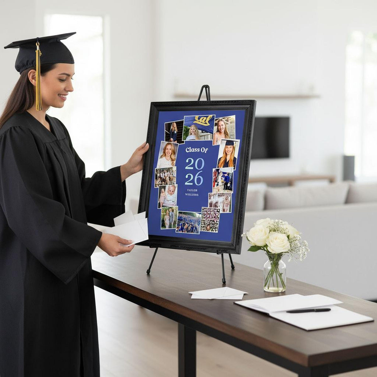 A smiling woman in a graduation gown stands next to a framed collage of graduation photos, with a vase of white flowers and papers on a table in front of her.