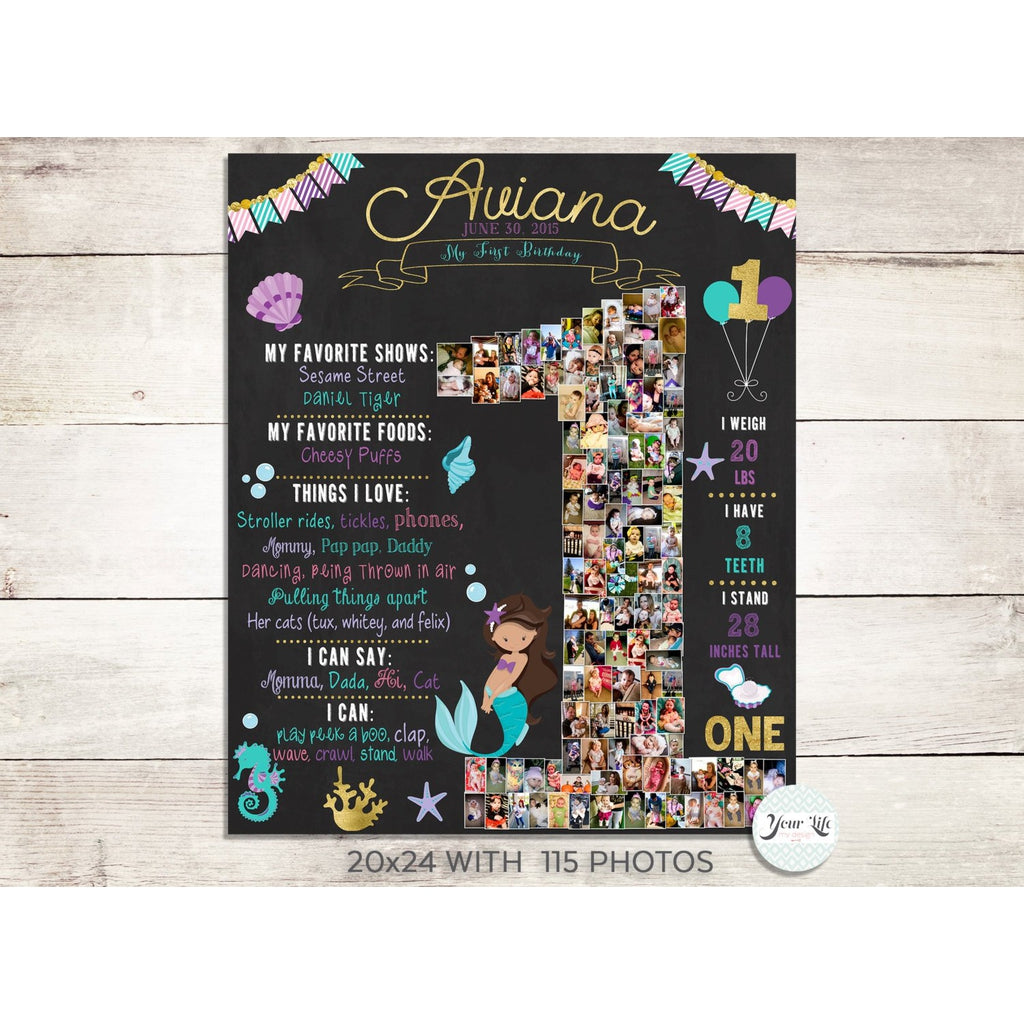 1st Birthday Photo Collage, Mermaid Party Purple Teal Gold | Photo Canvas Prints