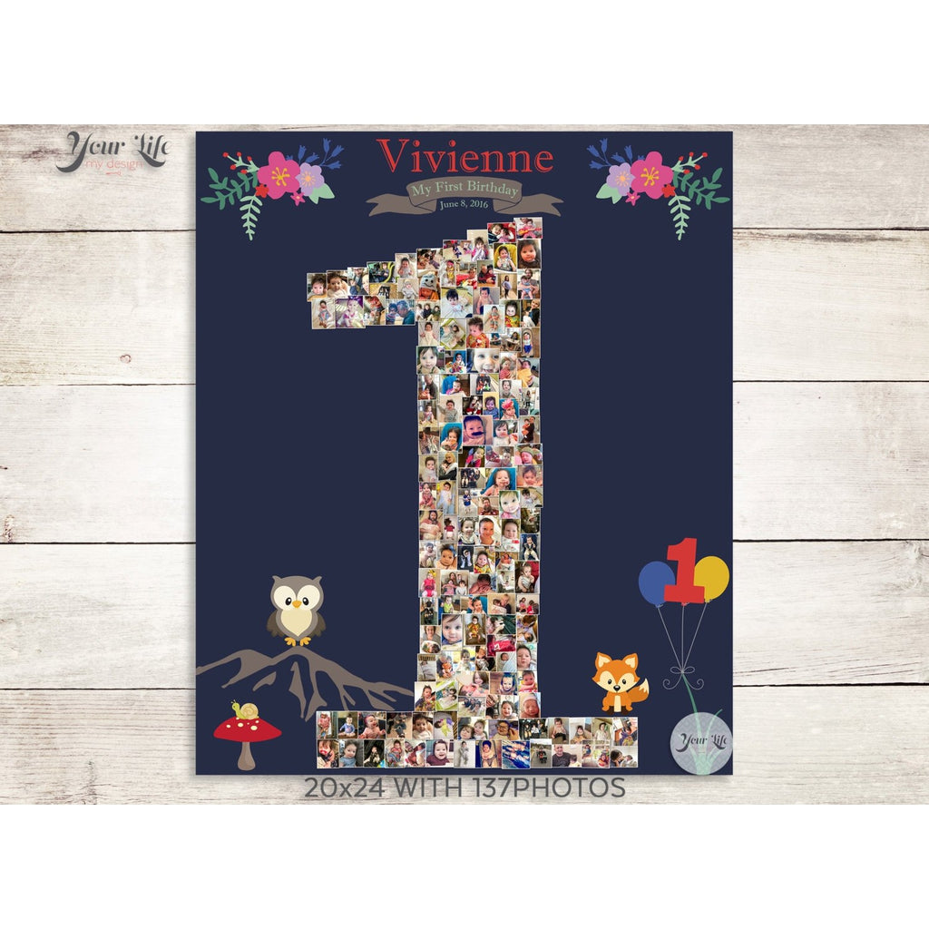 1st Birthday Photo Collage - Woodland Animals Party  | Photo Canvas Prints