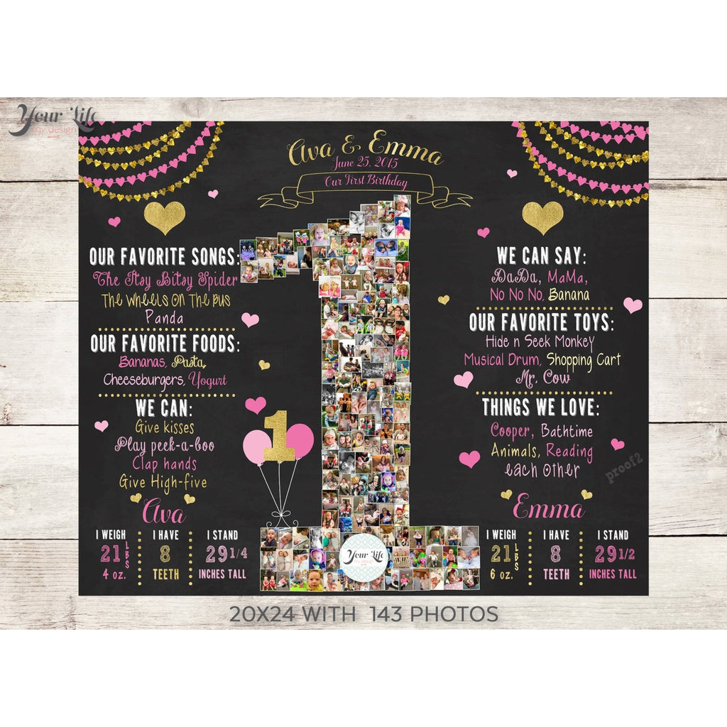 Twins - Pink &amp; Gold Hearts 1st Birthday Photo Collage