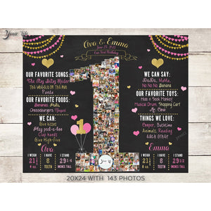 Twins - Pink & Gold Hearts 1st Birthday Photo Collage