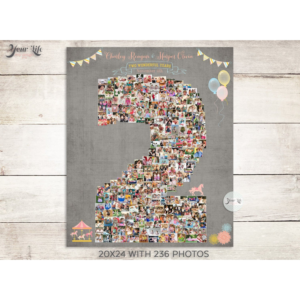 2nd Birthday Photo Collage - Carousel Party, Pink + Grey  | Photo Canvas Prints