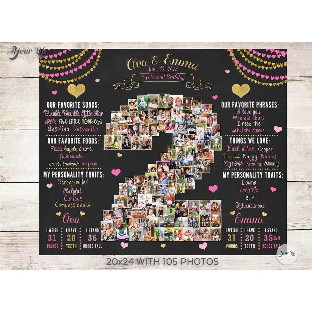 Twins 2nd Birthday Collage - Pink and Gold Hearts Party