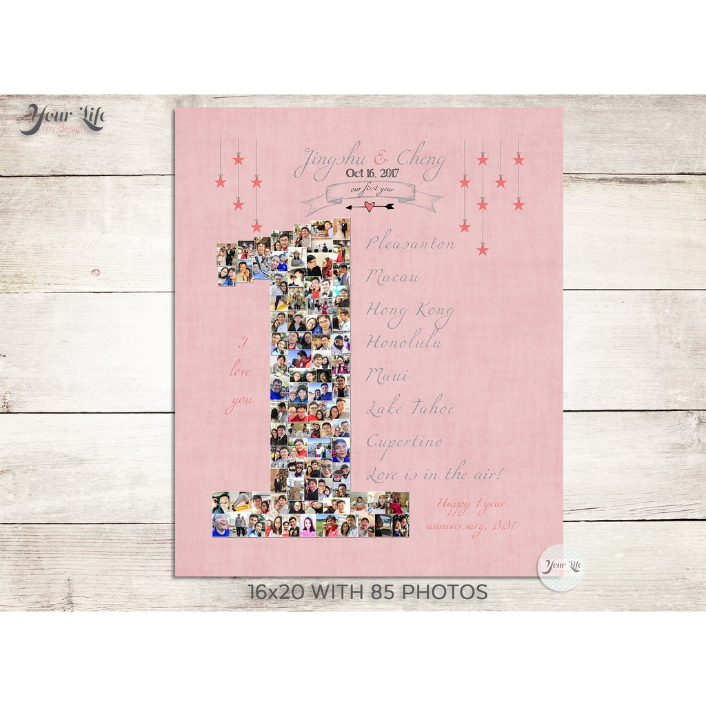 1st Anniversary, Number &quot;1&quot; with &#39;Hanging Stars&#39; Photo Collage
