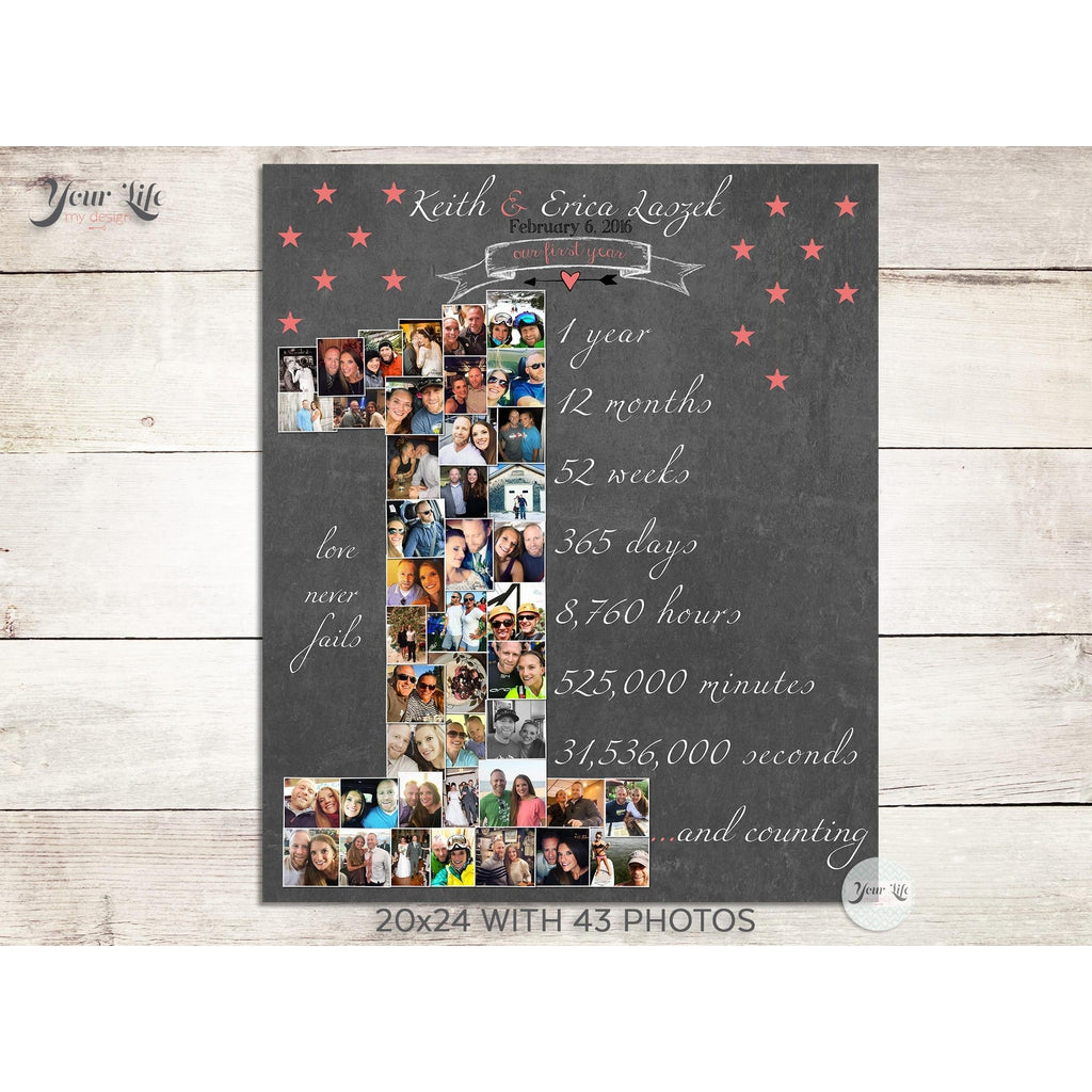 1st Anniversary, Number &quot;1&quot; with &#39;Hanging Stars&#39; Photo Collage