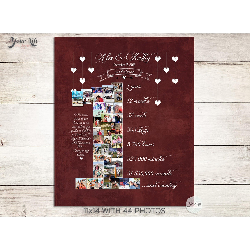 1st Anniversary, Number '1' with 'Hanging Hearts' Photo Collage