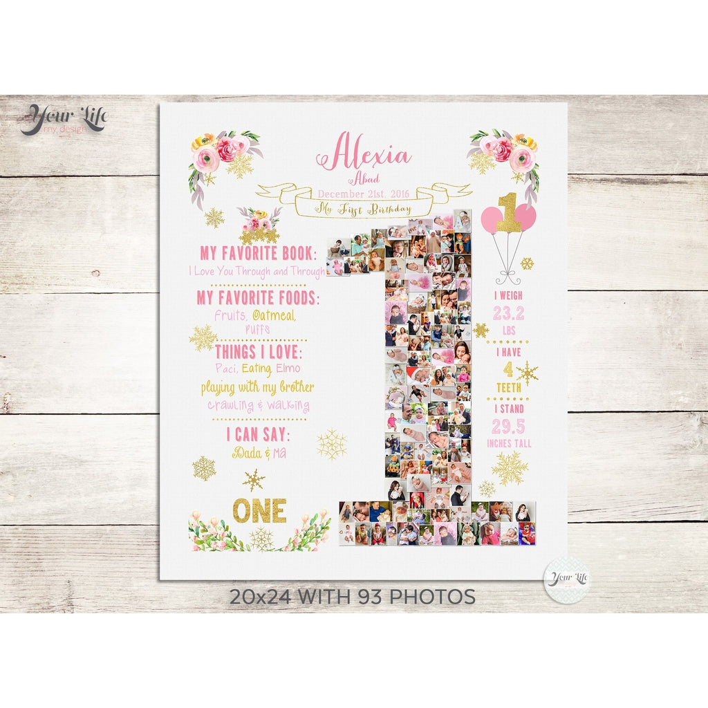 1st Birthday Photo CollageWinter - Flowers Onederland in Pink &amp; Gold