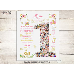 Winter Onederland, Pink & Gold Flowers - 1st Birthday Photo Collage