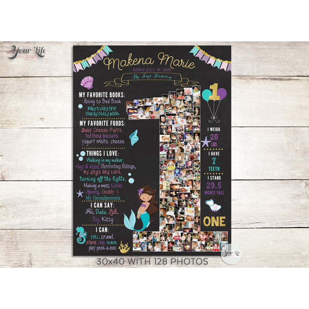 1st Birthday Photo Collage, Mermaid Party Purple Teal Gold | Photo Canvas Prints