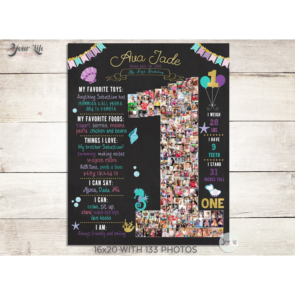 1st Birthday Photo Collage, Mermaid Party Purple Teal Gold | Photo Canvas Prints