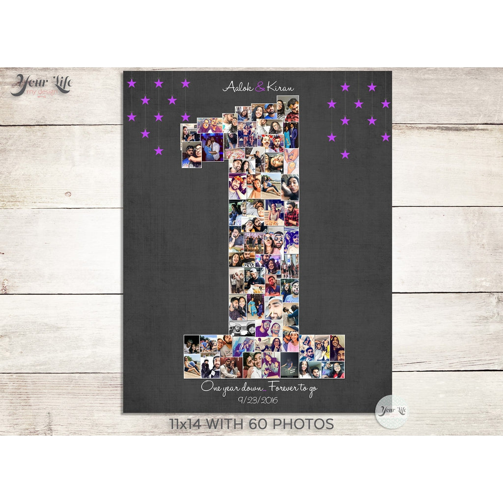 1st Anniversary, Number "1" with 'Hanging Stars' Photo Collage