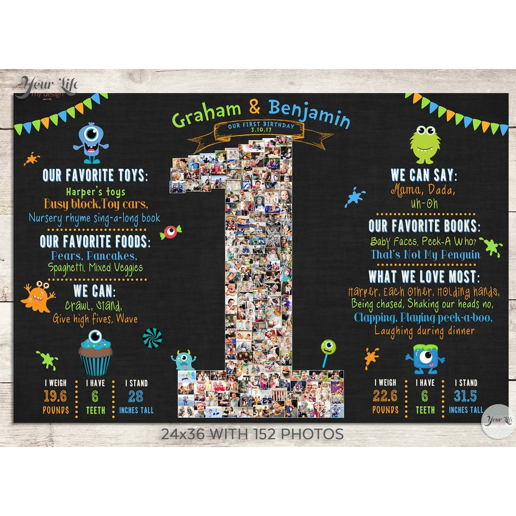 Twins 1st Birthday Photo Collage - Monsters Party  | Photo Canvas Prints