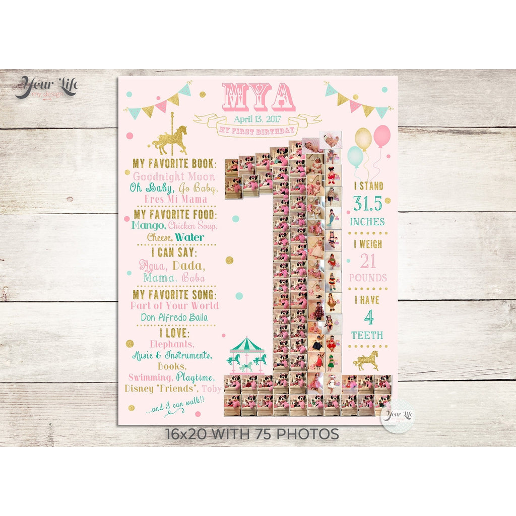 1st Birthday Photo Collage - Carousel Carnival Party, Pink | Photo Canvas Prints