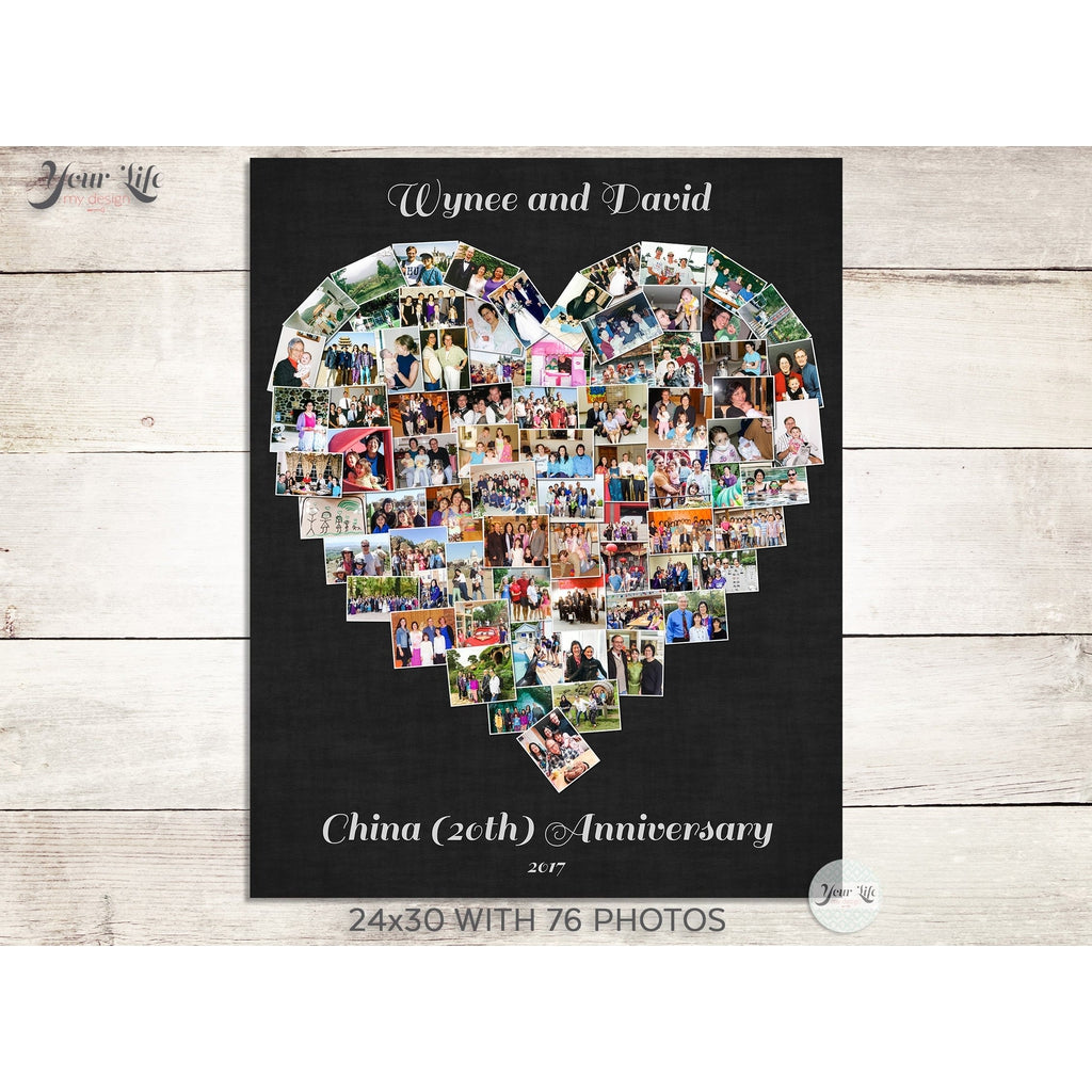 20th Anniversary Photo Collage, Heart Shape Custom Photo Canvas Prints