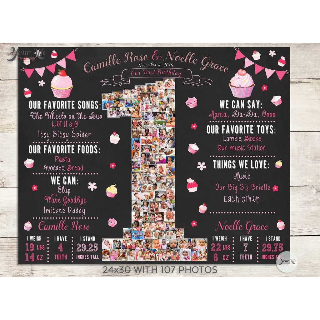 Twins 1st Birthday Photo Collage - Cupcake Theme Party  | Photo Canvas Prints