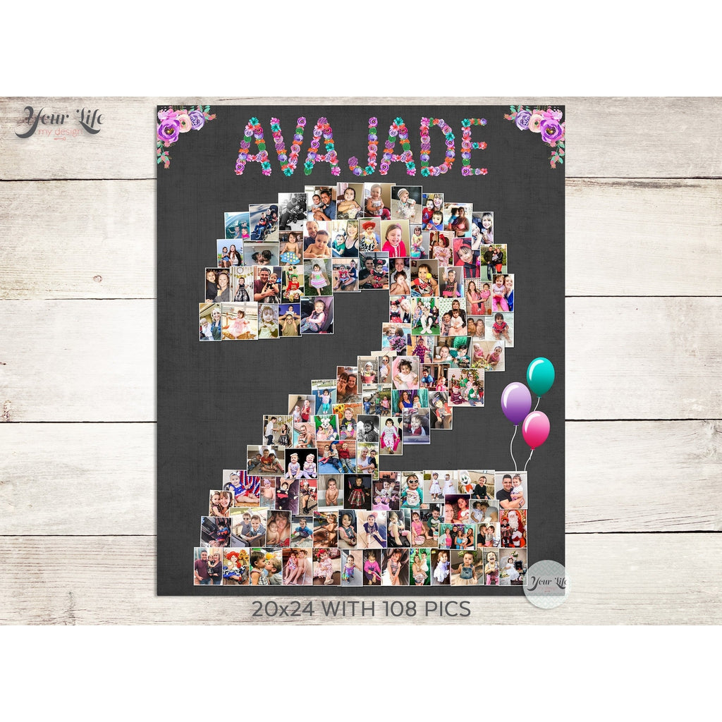 2nd Birthday Photo Collage -  Flowers and Balloons Party