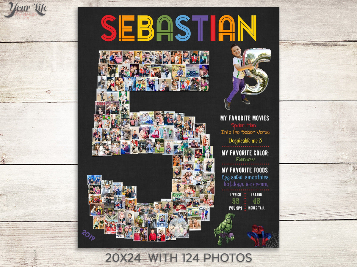 5th Birthday Photo Collage  - Superhero Rainbow | Photo Canvas Prints