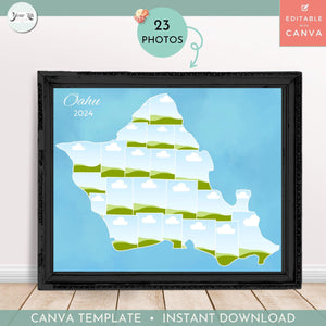 Oahu Photo Collage Template for Canva, INSTANT DOWNLOAD, Editable Photo collage template, DIY Oahu Hawaii Shape Collage Template 23 photos