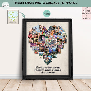 Heart Photo Collage Template for Canva, INSTANT DOWNLOAD, Editable Photo collage template, DIY Heart Shape Collage Template 47 photos