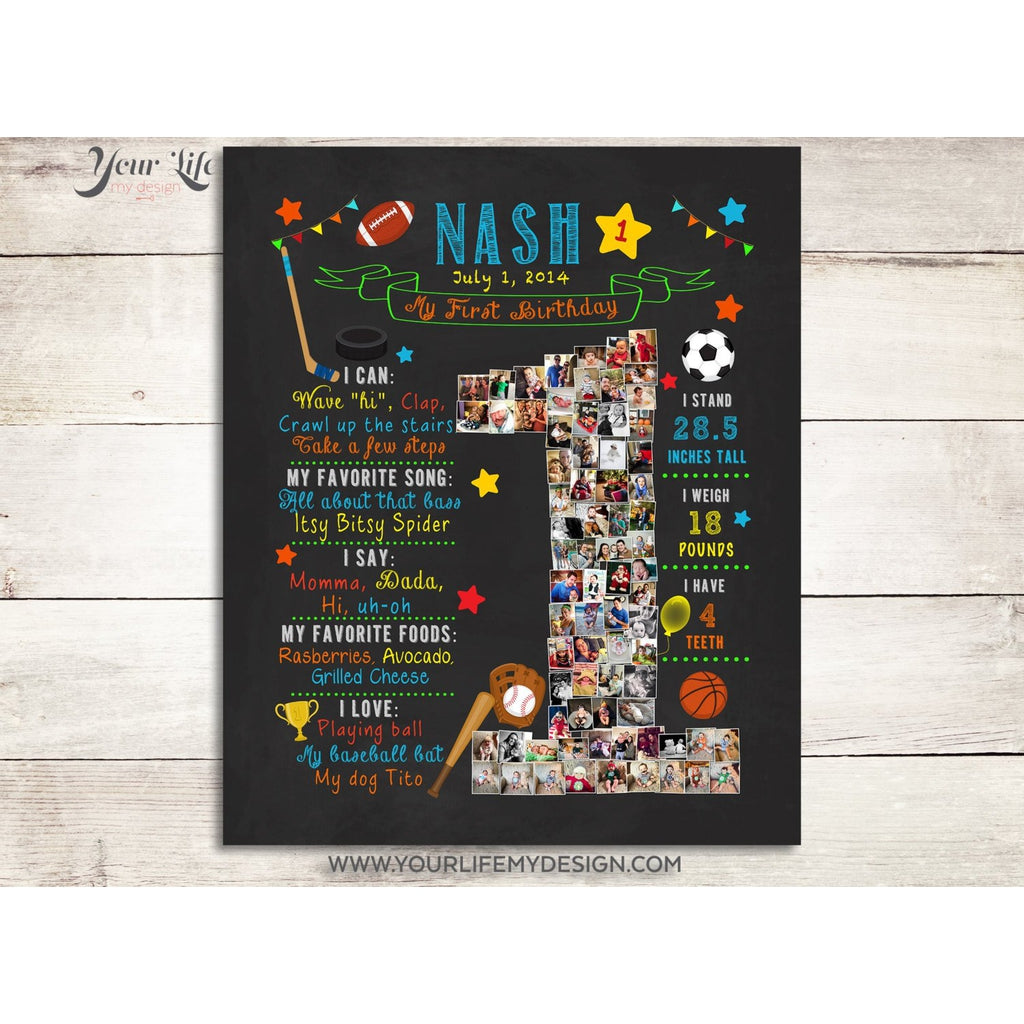1st Birthday Photo Collage - Sports Baseball, Soccer, Basketball, Hockey Party