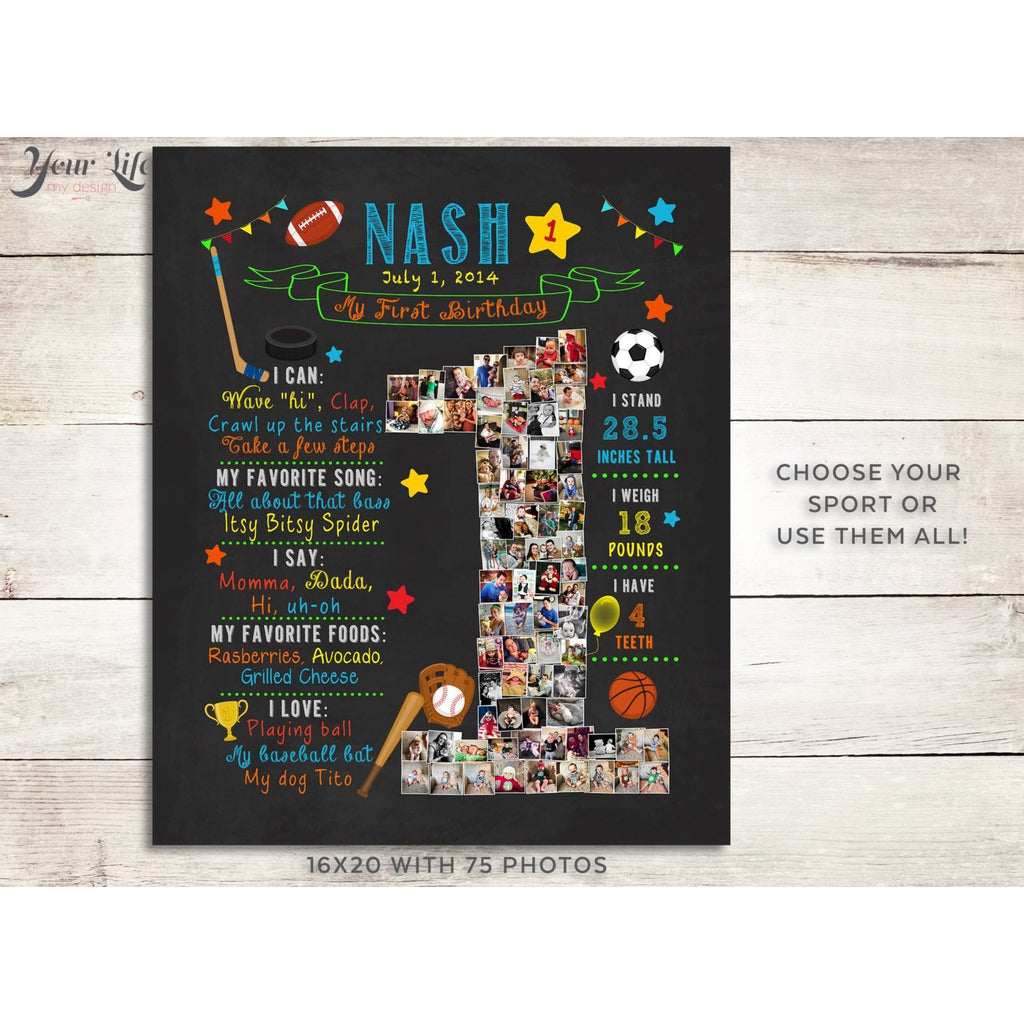 1st Birthday Photo Collage - Sports Baseball, Soccer, Basketball, Hockey Party