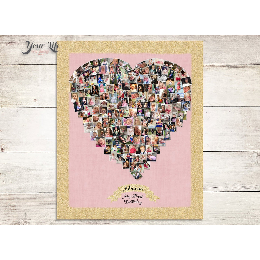 1st Birthday Heart Photo Collage - Heart Shape, Pink &amp; Gold