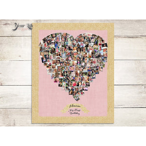 Heart- Pink & Gold - 1st Birthday Photo Collage