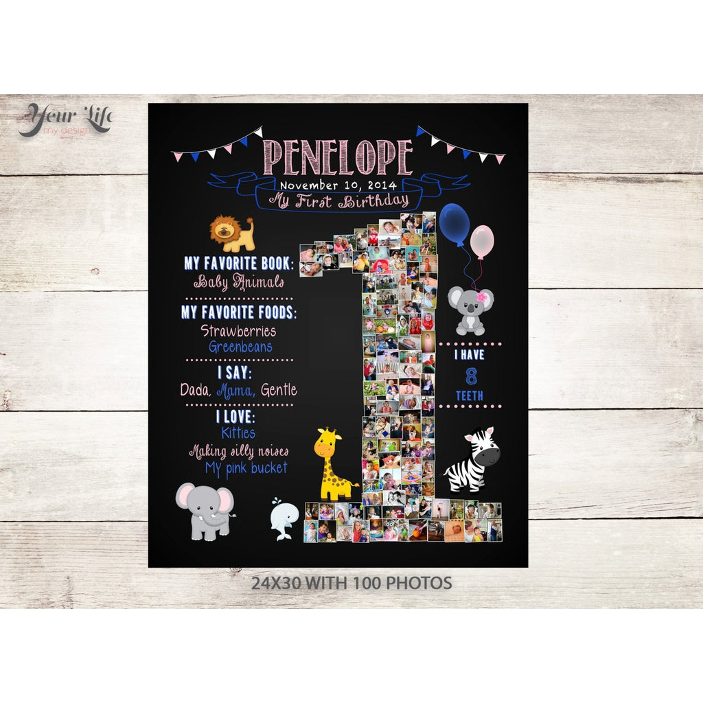 1st Birthday Photo Collage - Safari Animals Party  | Photo Canvas Prints