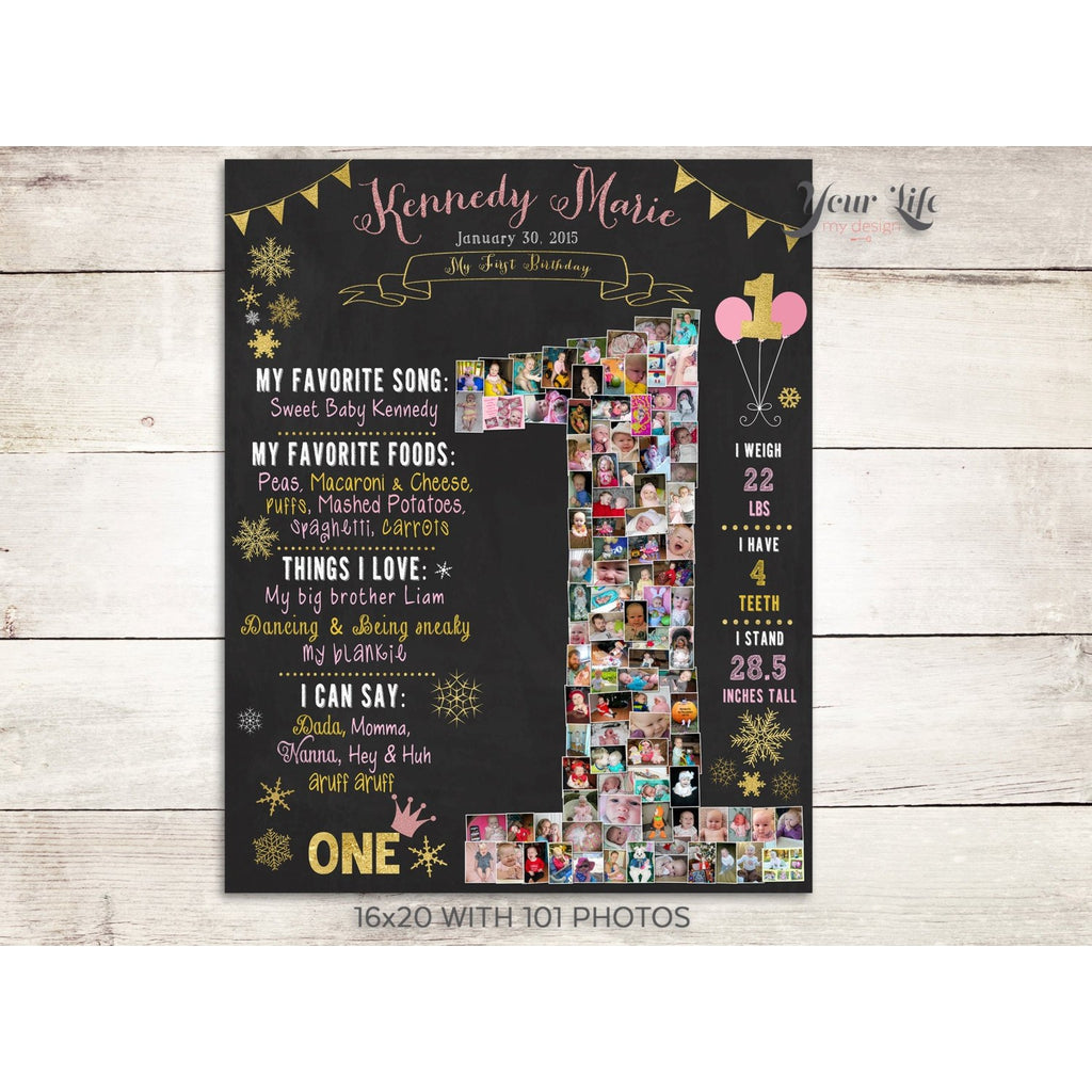 Winter Onederland 1st Birthday Photo Collage- Pink &amp; Gold