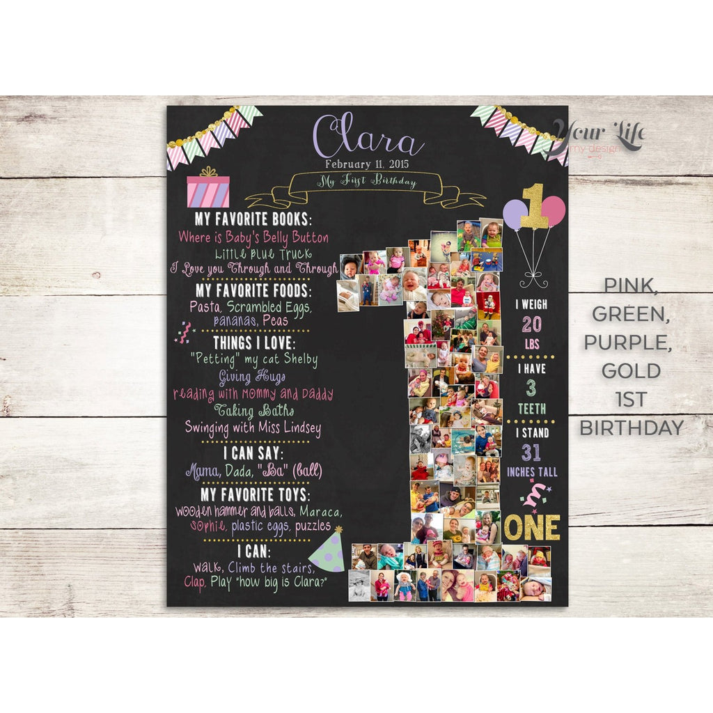 1st Birthday Photo Collage - Balloons Party Theme in Pink, Green, Purple, & Gold